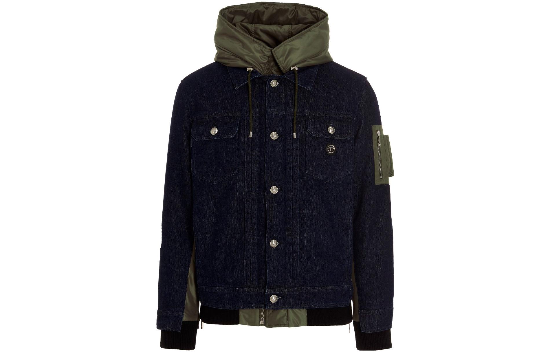 PHILIPP PLEIN Blue Patch Pocket Button-Up Hooded Jacket MRB1740PNY002N14