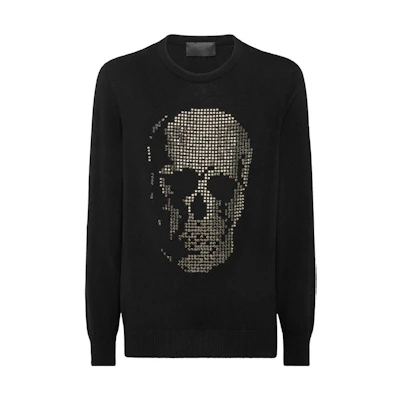 PHILIPP PLEIN Cashmere Skull Strass Crewneck Pullover Sweatshirt Black AACC-MKO1269-PKN002N-02