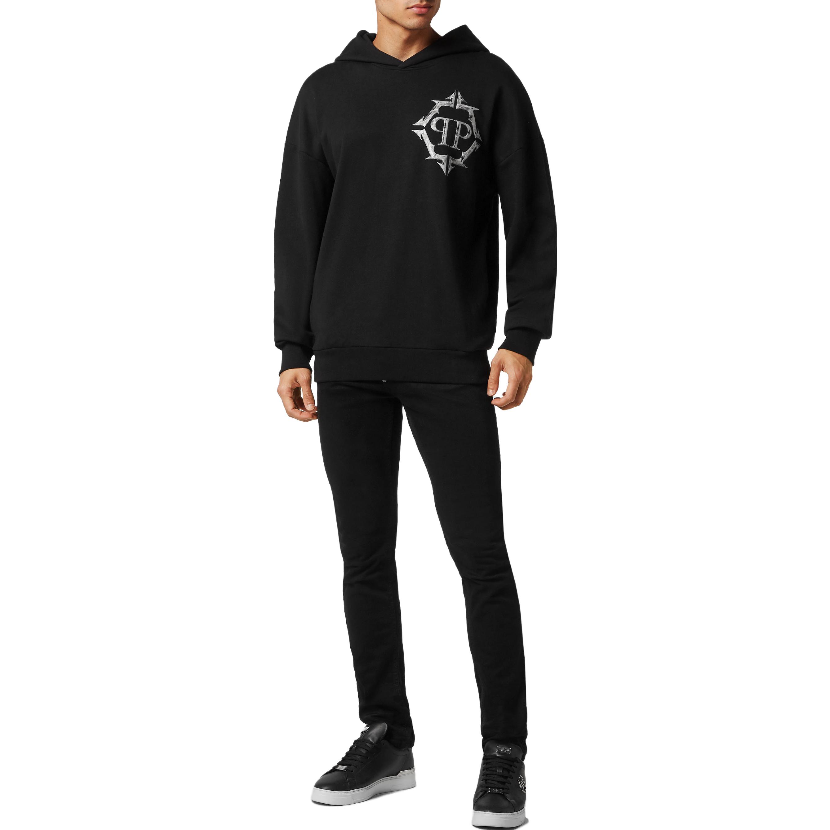 Lookbook 飞利浦普莱因黑色铬印花连帽长袖卫衣 AACC-MJB3154-PJO002N-02