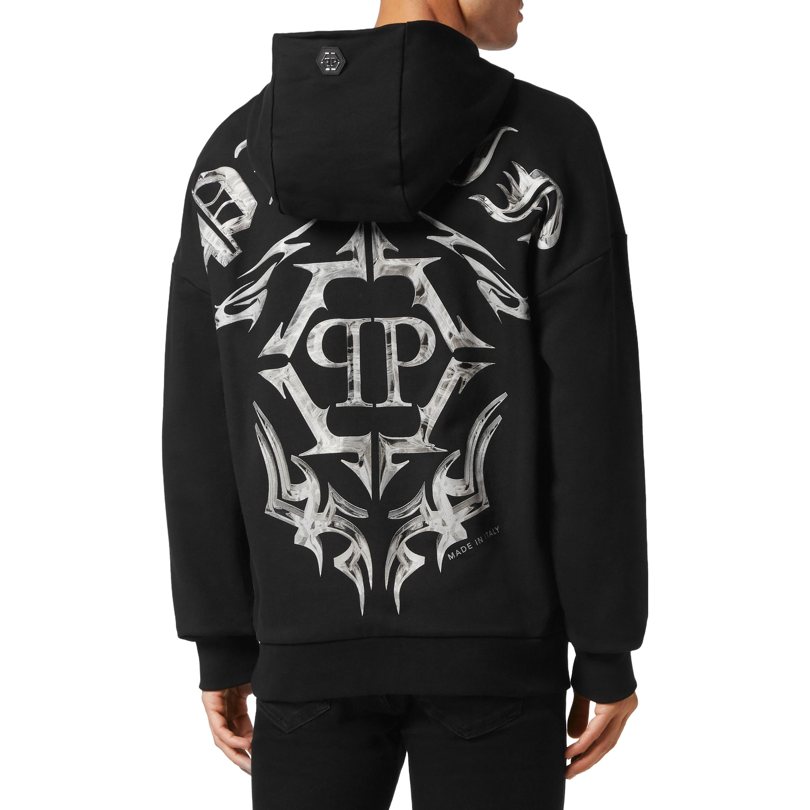 Shop 飞利浦普莱因黑色铬印花连帽长袖卫衣 AACC-MJB3154-PJO002N-02