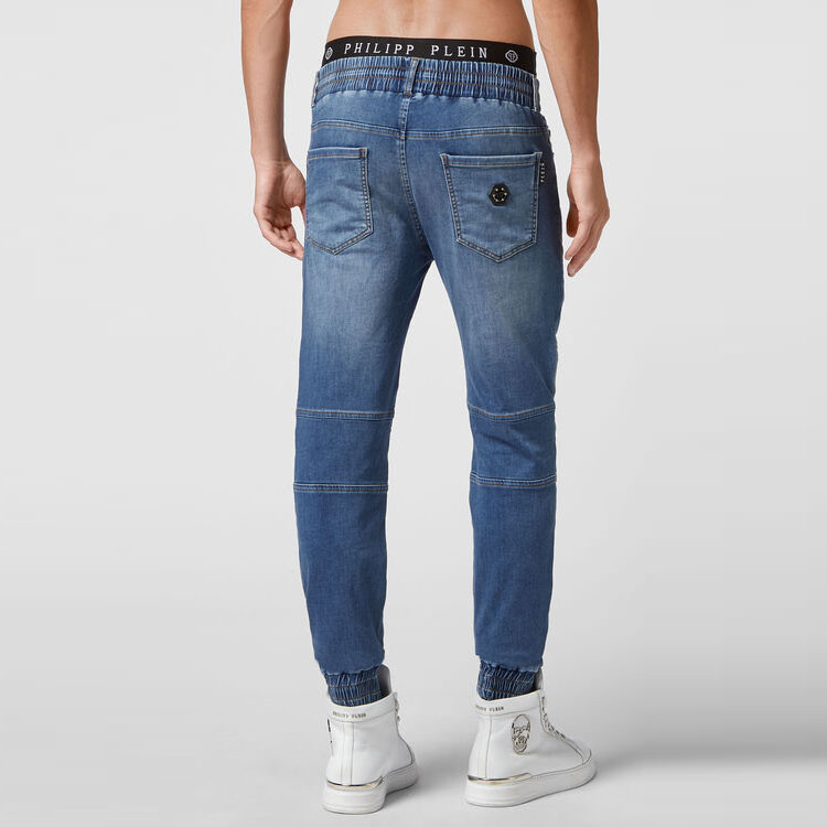 Shop PHILIPP PLEIN 男士低腰破損純藍牛仔褲 PAAC-MDT2850-PDE004N-08RY