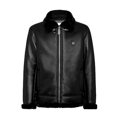 PHILIPP PLEIN Eco Shearling Black Jacket Short Loose-Fit Coat AACC-MRB2328-PTE003N-02