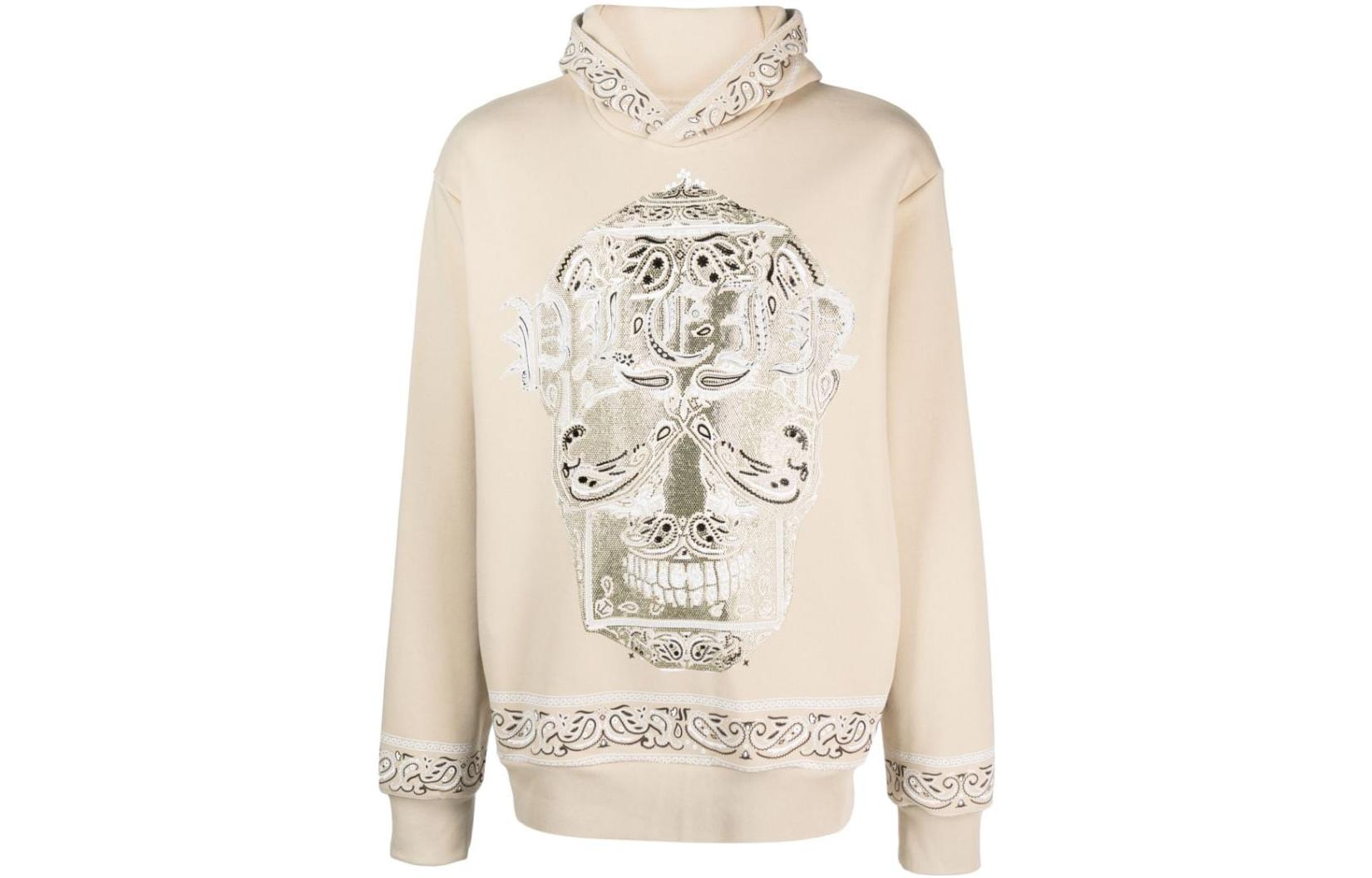 PHILIPP PLEIN Embroidered Skull Hoodie Beige Long Sleeve FACC-MJB3041-PJO002N-06