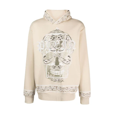 PHILIPP PLEIN Embroidered Skull Hoodie Beige Long Sleeve FACC-MJB3041-PJO002N-06