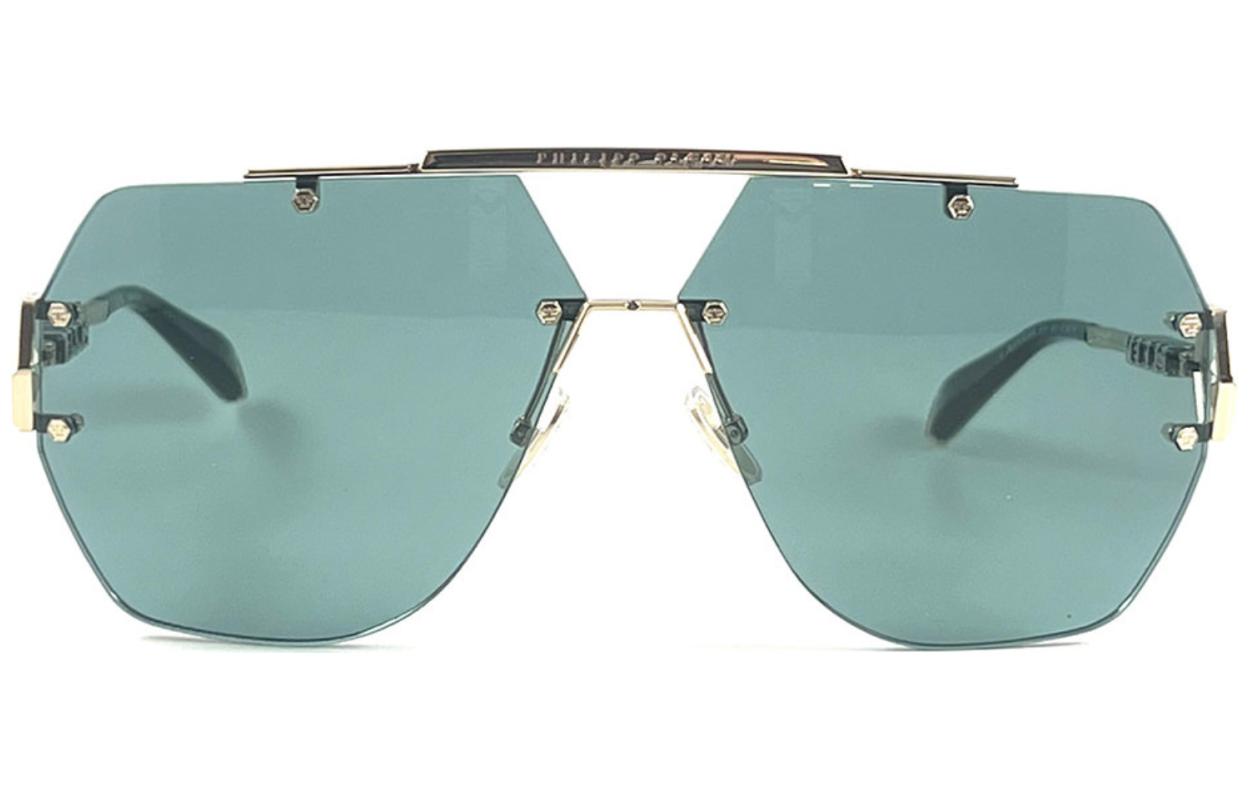 Lookbook PHILIPP PLEIN未來感綠鏡片不規則框設計男女太陽眼鏡。 SPP111660340