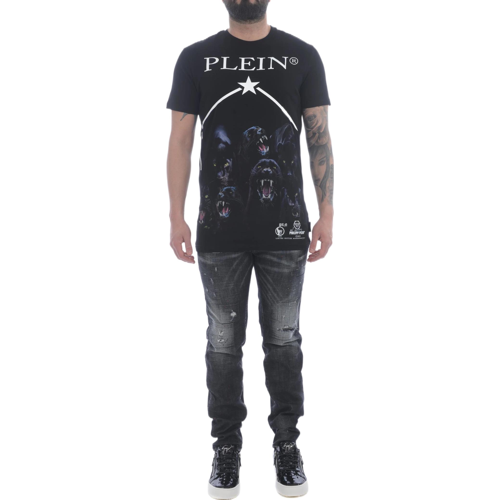 Shop 필립 플레인 FW21 애니멀 레터 프린트 크루넥 티셔츠 블랙 MTK5104-PJY002N-02