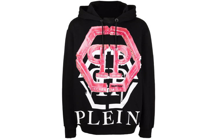 PHILIPP PLEIN FW21 Hexagon Logo Print Hooded Sweatshirt Unisex Black FAACUJB0022PJO002N-02