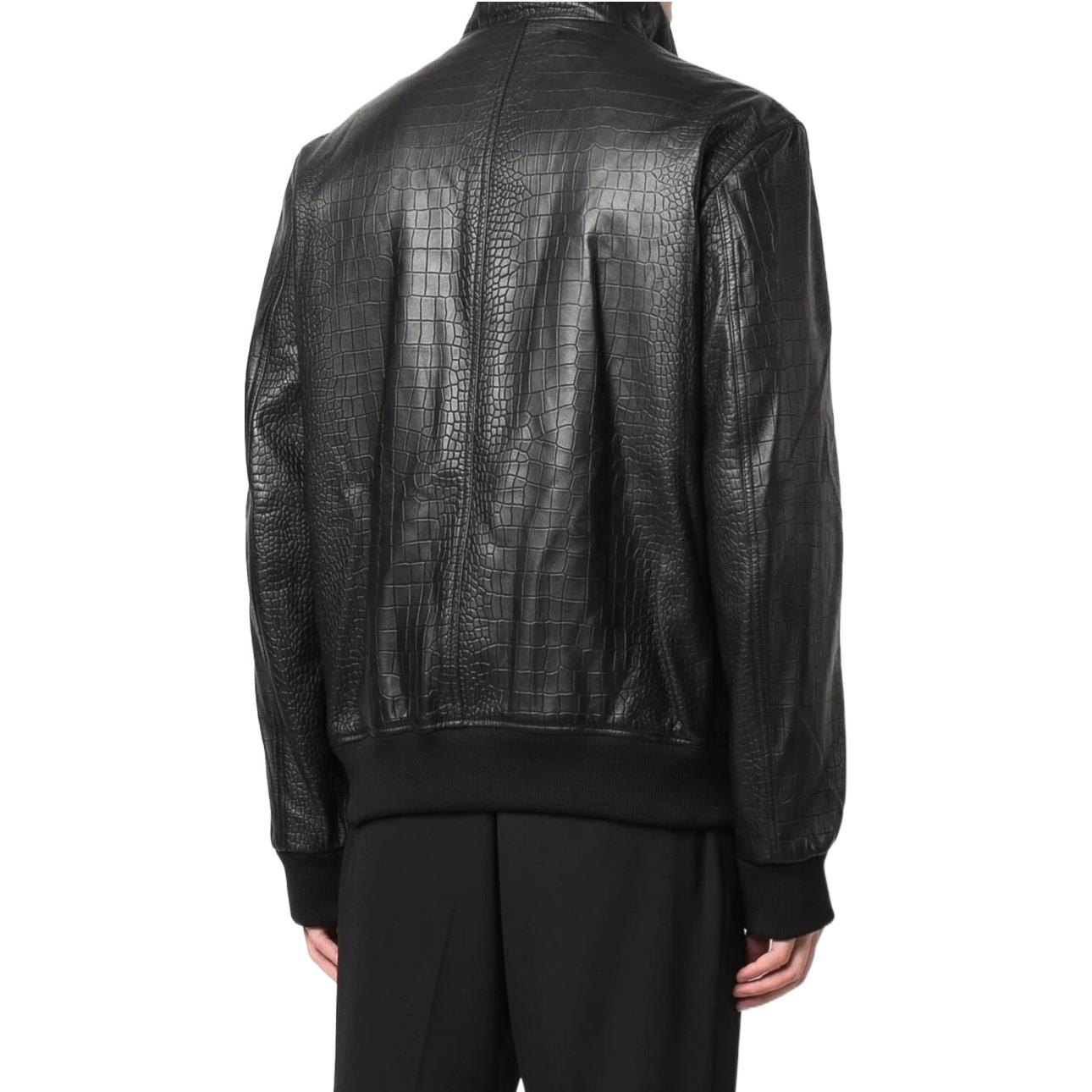 Shop PHILIPP PLEIN FW22 黑色鱷魚壓紋長袖轟炸機夾克 SABC-MLB1486-PLE010N-02