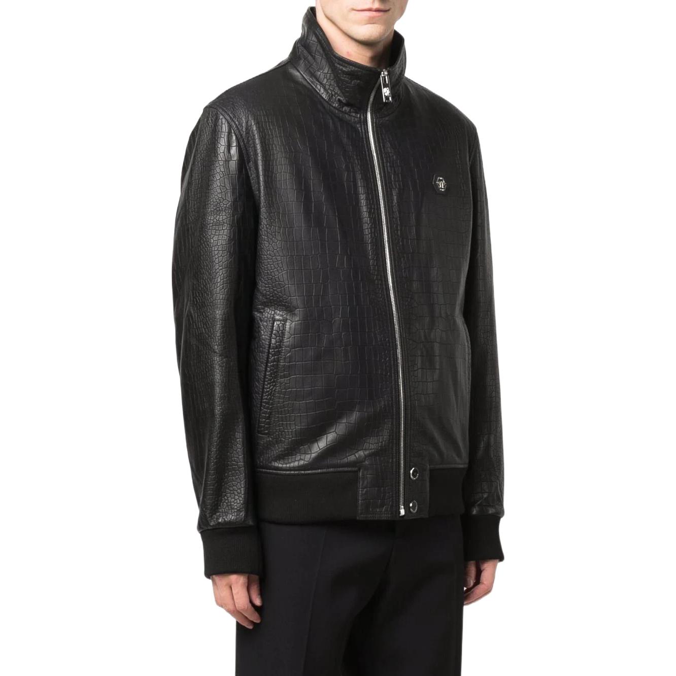 Purchase PHILIPP PLEIN FW22 黑色鱷魚壓紋長袖轟炸機夾克 SABC-MLB1486-PLE010N-02