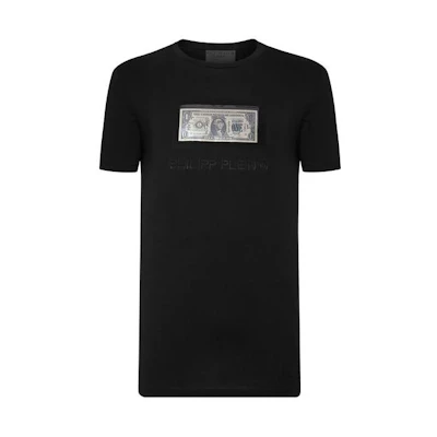 PHILIPP PLEIN FW22 Black Dollar Embellished Short-Sleeve T-Shirt. S19C-MTK3030-PJY002N-02