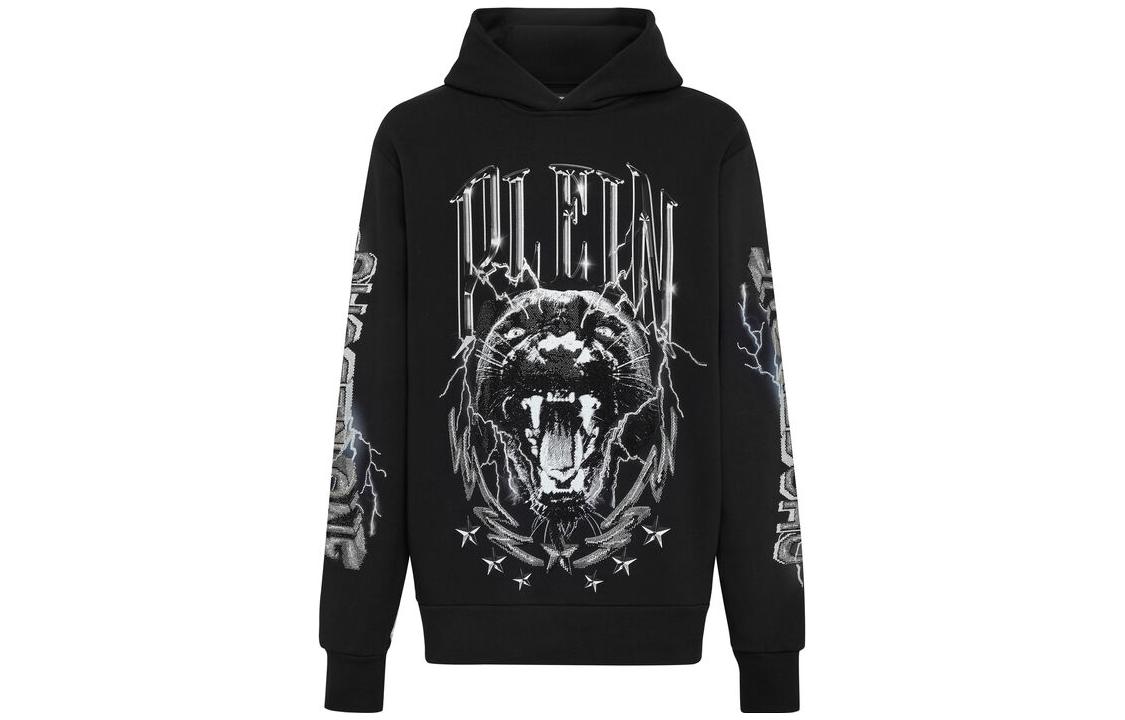 PHILIPP PLEIN FW22  Black Hoodie with Logo Print and Graphic Design. FABCMJB2725PJY002N0202
