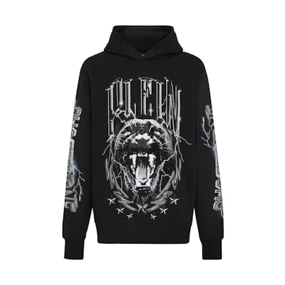 PHILIPP PLEIN FW22 Black Hoodie with Logo Print and Graphic Design. FABCMJB2725PJY002N0202