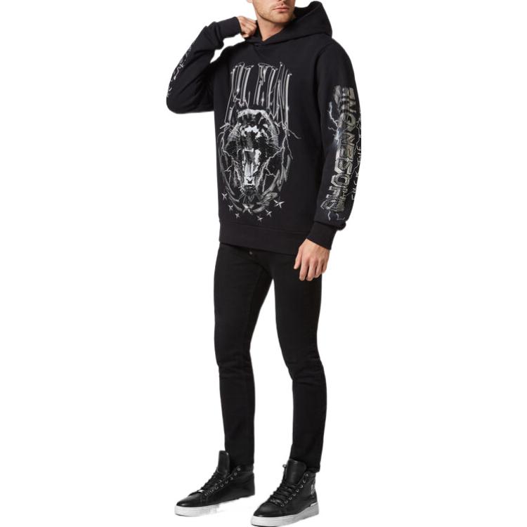 Lookbook 필립플레인 FW22 블랙 로고 프린트 그래픽 디자인 후드티. FABCMJB2725PJY002N0202