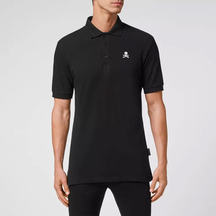 Shop PHILIPP PLEIN FW22 Kaos Polo Hitam Bordir Tengkorak Lengan Pendek SABC-MTK5468-PJO002N-02