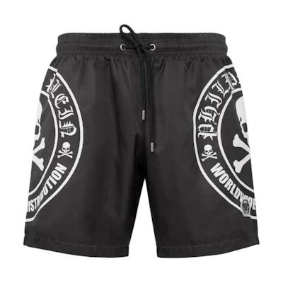 PHILIPP PLEIN FW22 Black Skull Logo Print Casual Shorts AABC-MMT0333-PTE003N-0201