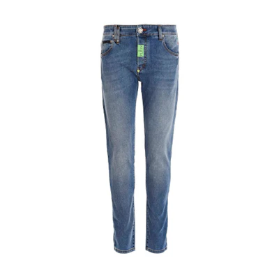 Philipp Plein FW22 Mid-Rise Slim Fit Blue Denim Jeans with Pockets. MDT3111PDE004N05GD