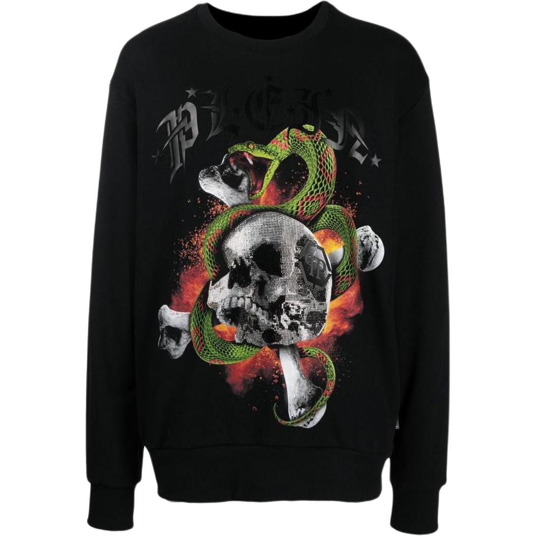 PHILIPP PLEIN FW22 Black Crewneck Logo Print Long-Sleeve Sweatshirt AABCMJO0931PJO002N02