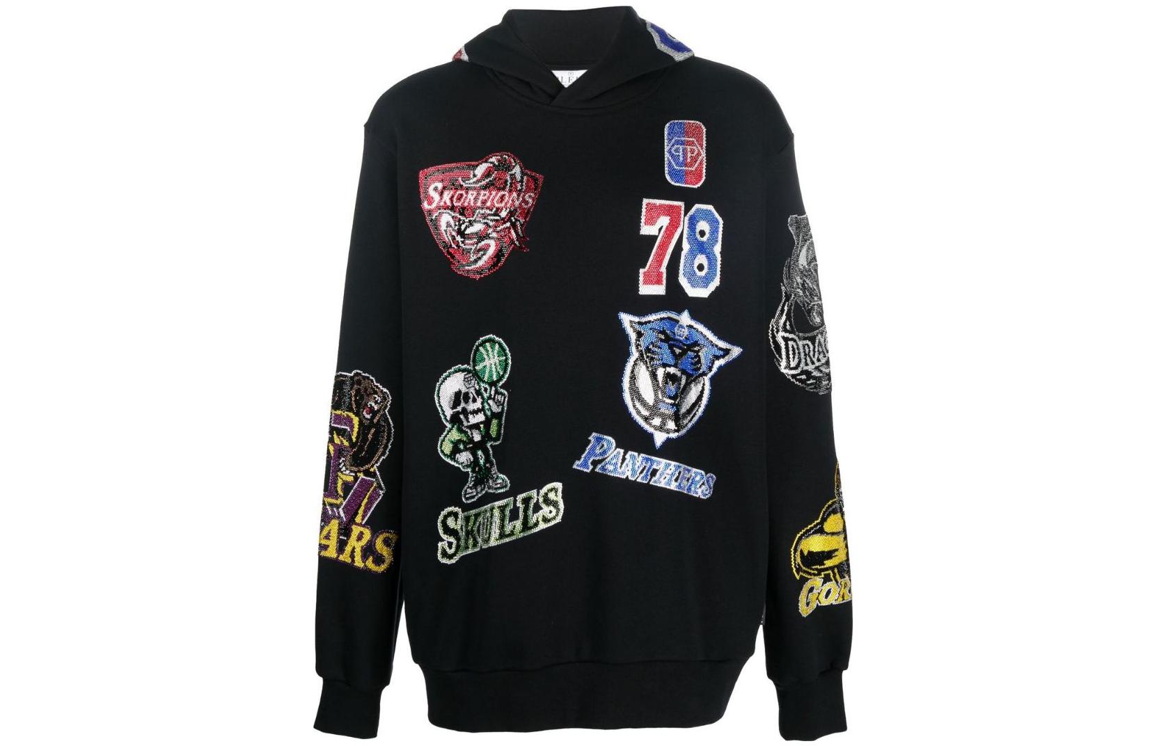 PHILIPP PLEIN FW22 Black Embroidered Sequin Applique Hoodie for Men AABCMJB2864PJO002N02