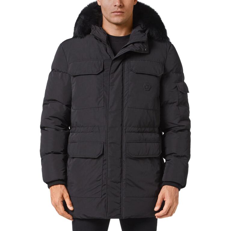 PHILIPP PLEIN FW22 Black Hooded Down Jacket with Back Letter Print AABCMRA0429PNY002N02