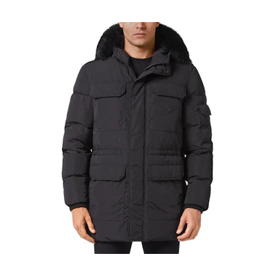 PHILIPP PLEIN FW22 Black Hooded Down Jacket with Back Letter Print AABCMRA0429PNY002N02
