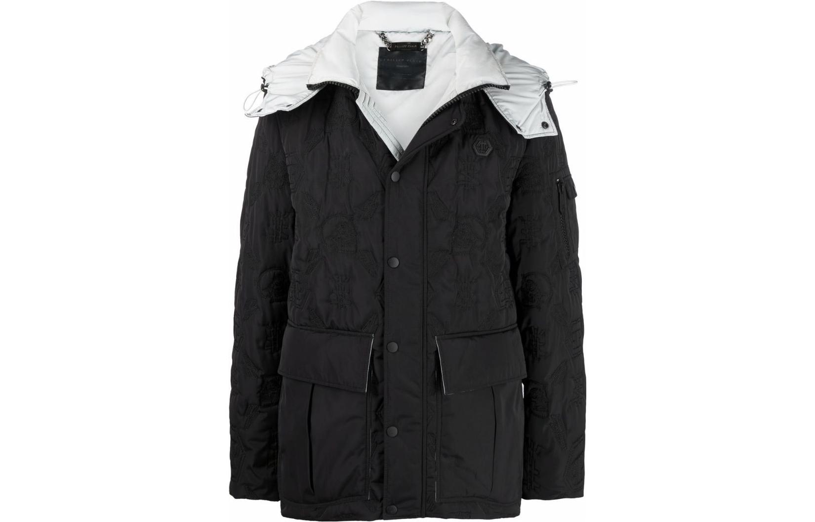 PHILIPP PLEIN FW22 Black Logo Button-Up Hooded Jacket Men’s FAACMRB1738PNY002N