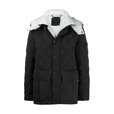 PHILIPP PLEIN FW22 Black Logo Button-Up Hooded Jacket Men’s FAACMRB1738PNY002N