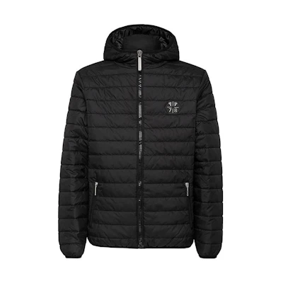 PHILIPP PLEIN FW22 Black Logo Patch Zip-Up Hoodie Jacket PPOMRB1697PNY002N