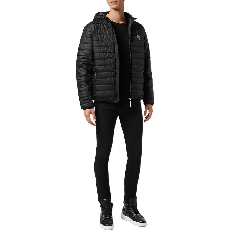 Lookbook PHILIPP PLEIN FW22 黑色标志贴布拉链连帽外套夹克 PPOMRB1697PNY002N