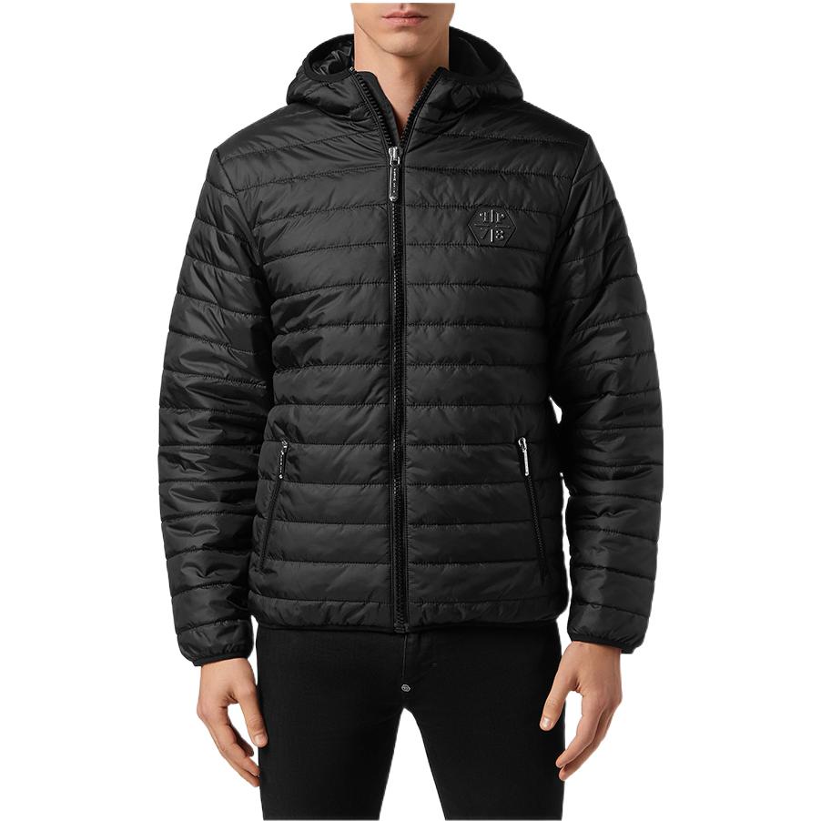 Shop PHILIPP PLEIN FW22 黑色标志贴布拉链连帽外套夹克 PPOMRB1697PNY002N