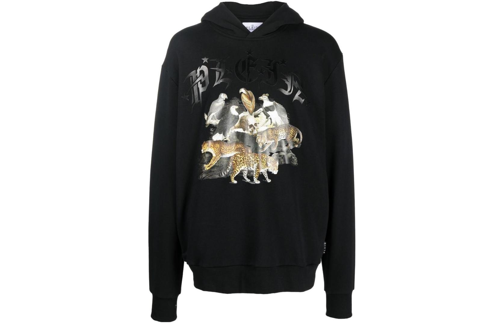 PHILIPP PLEIN FW22 Black Printed Pullover Hoodie Long Sleeve AABCMJB2792PJO002N02