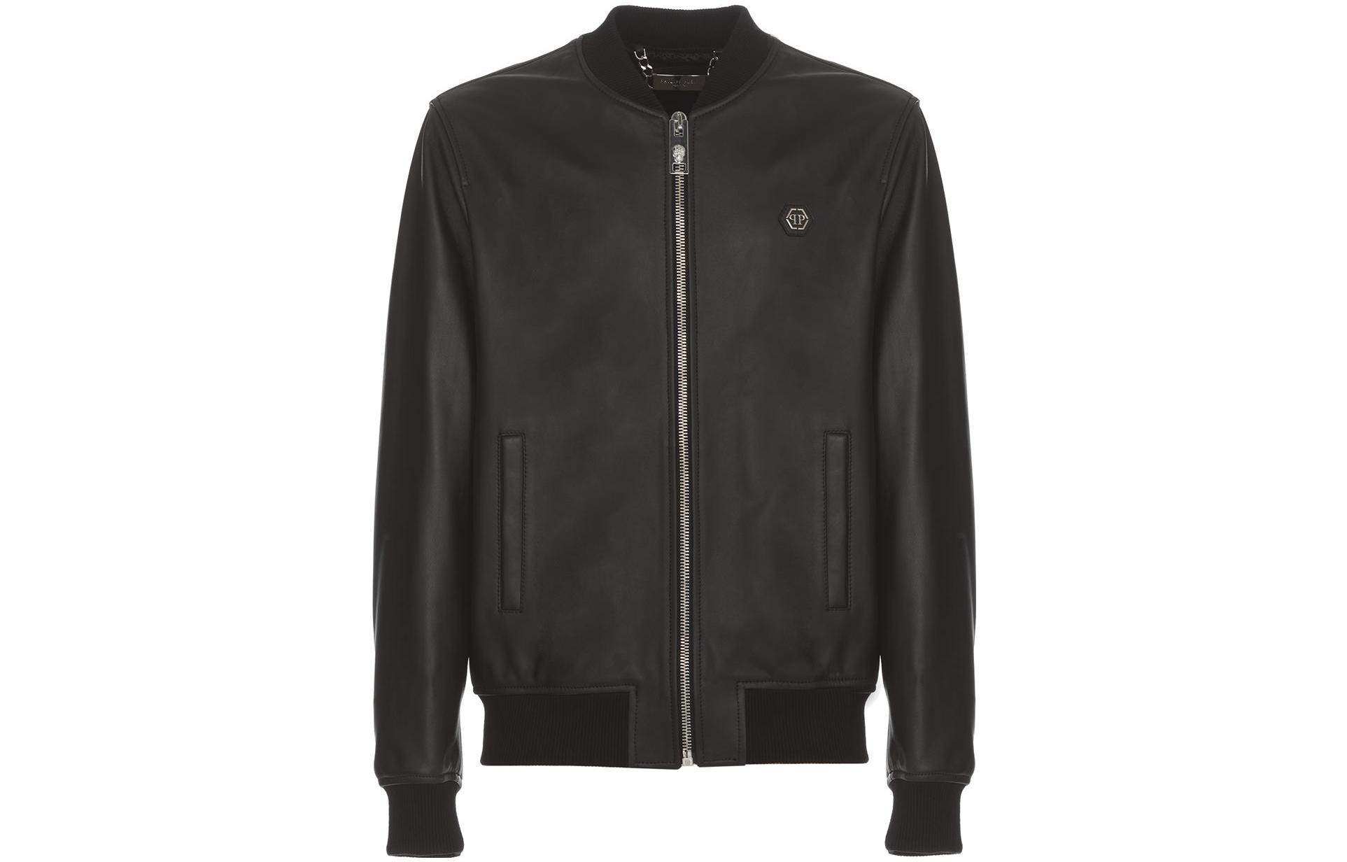 PHILIPP PLEIN FW22 Black Solid Zip-Up Bomber Jacket Long Sleeve FABCMLB1593PLE010N02