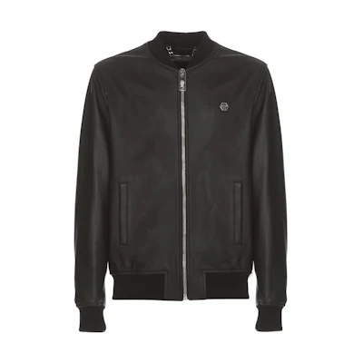 PHILIPP PLEIN FW22 Black Solid Zip-Up Bomber Jacket Long Sleeve FABCMLB1593PLE010N02