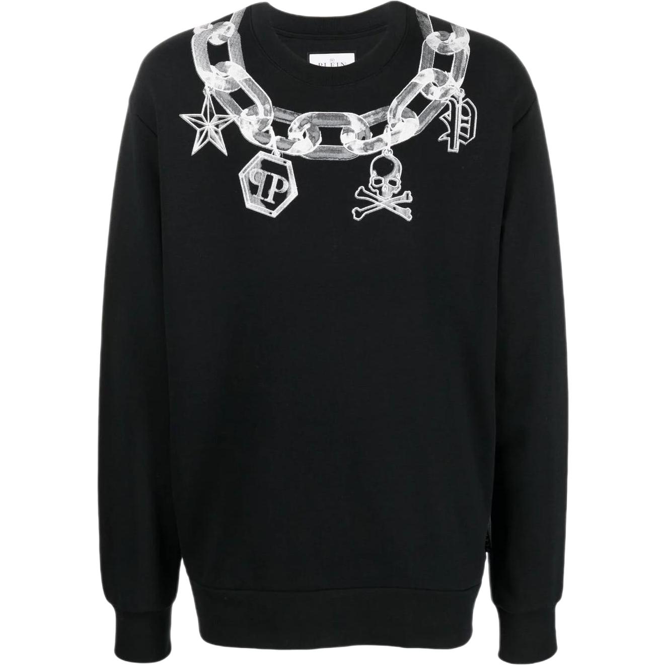 PHILIPP PLEIN FW22 Chain Print Crewneck Pullover Sweatshirt Men Black FABCMJO0886PJY002N