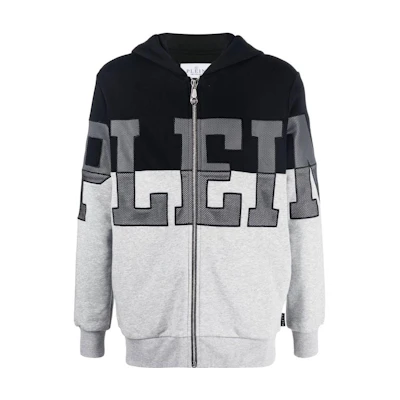 PHILIPP PLEIN FW22 Colorblock Logo Embroidered Hoodie Black/Grey AABCMJJ0430PJO002N0210