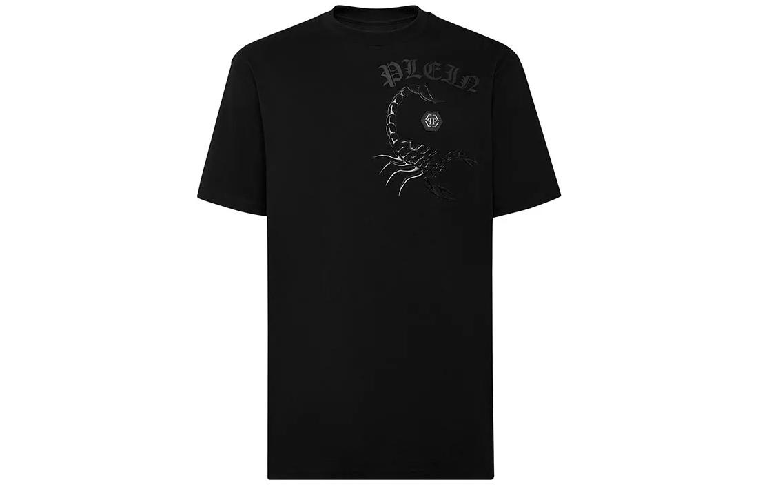 Order PHILIPP PLEIN FW22 Kaos Pria Hitam Logo Hexagon Print Crewneck FABC-MTK5710-PJY002N-0202