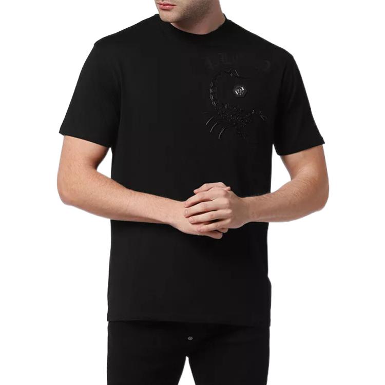 Shop PHILIPP PLEIN FW22 Kaos Pria Hitam Logo Hexagon Print Crewneck FABC-MTK5710-PJY002N-0202