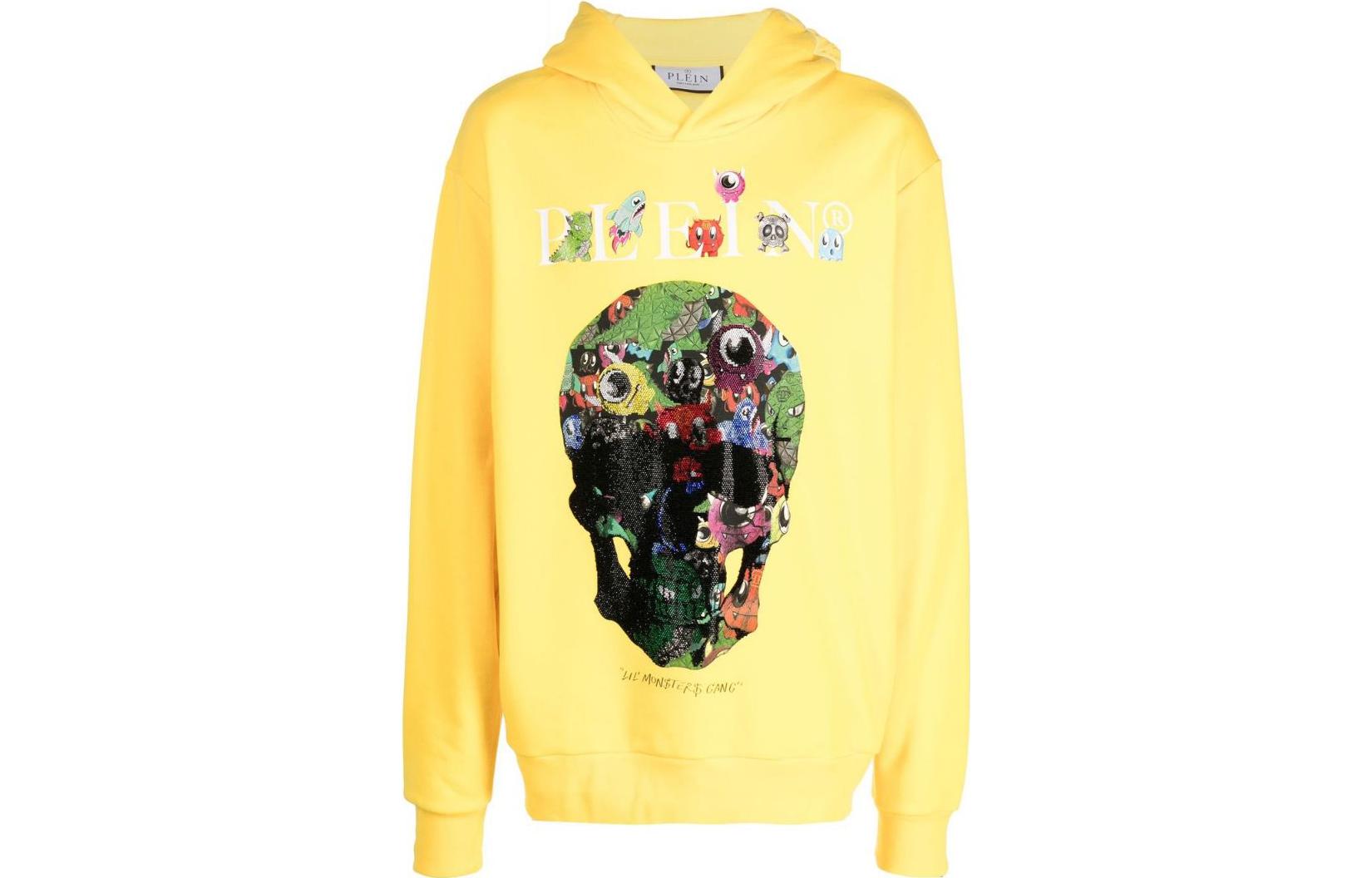 PHILIPP PLEIN FW22 Logo Graphic Yellow Pullover Hoodie Long Sleeve AABCMJB2742PJY002N09