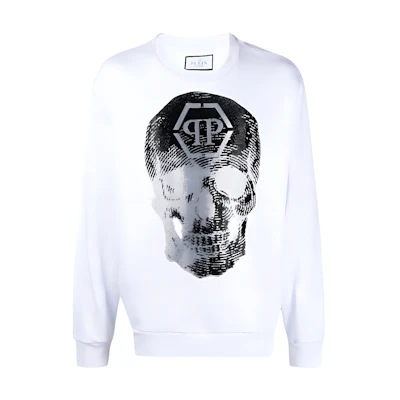 PHILIPP PLEIN FW22 Logo Print Crewneck Pullover Sweatshirt Men’s White AABCMJO0958PJO002N-01
