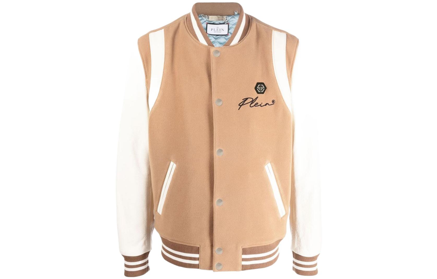 PHILIPP PLEIN FW22 Logo Print Varsity Bomber Jacket Brown Men’s AABCMLB1645PTE120N06