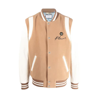 PHILIPP PLEIN FW22 Logo Print Varsity Bomber Jacket Brown Men’s AABCMLB1645PTE120N06