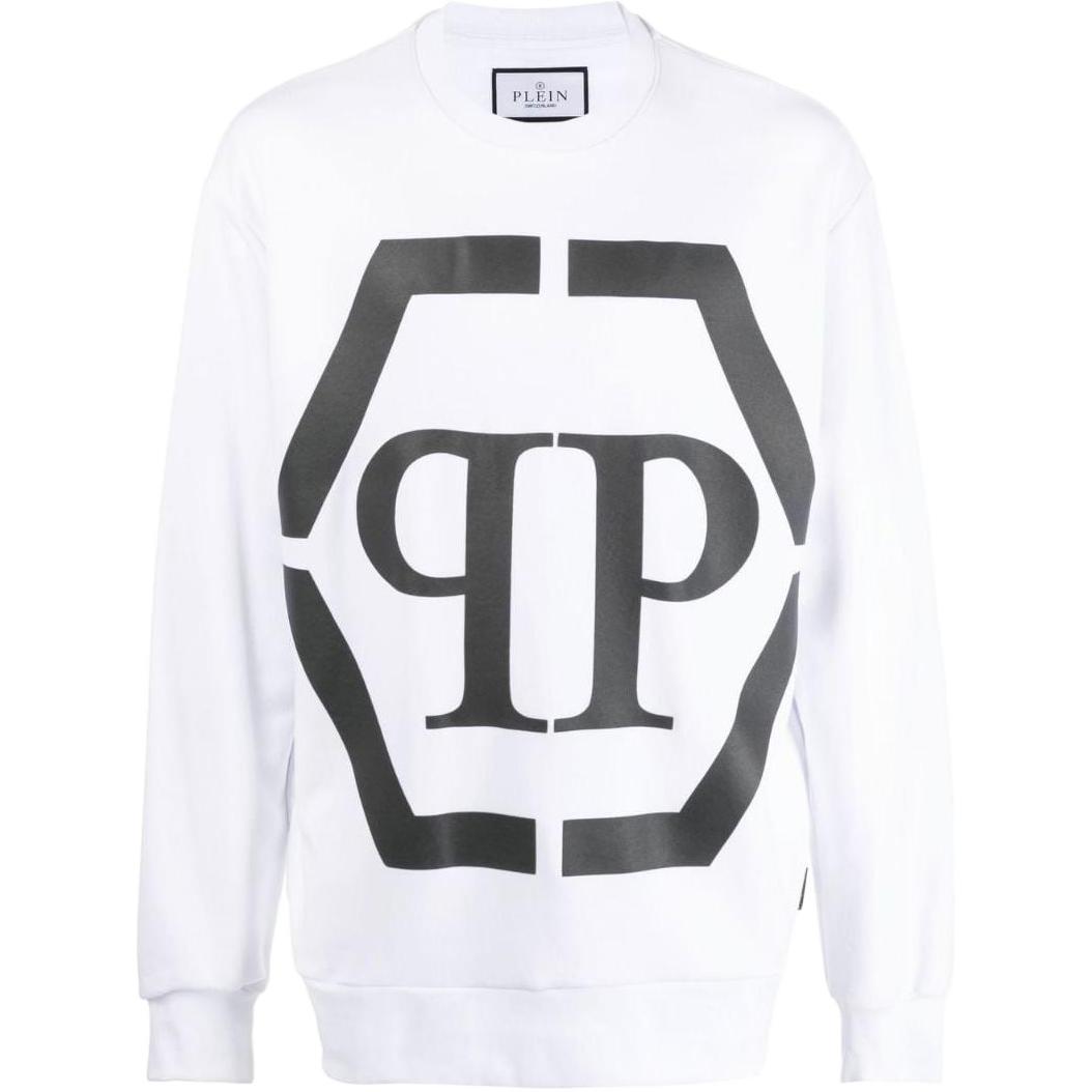 PHILIPP PLEIN FW22 Logo Printed Crewneck Long Sleeve Sweatshirt White Mens FABCMJO0883PJY002N0102