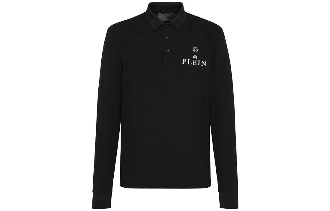 PHILIPP PLEIN FW22 Men’s Black Long Sleeve Polo Shirt with Solid Logo Print. FABC-MTK5699-PTE003N-0201