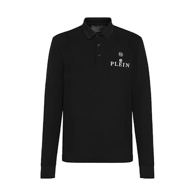 PHILIPP PLEIN FW22 Men’s Black Long Sleeve Polo Shirt with Solid Logo Print. FABC-MTK5699-PTE003N-0201