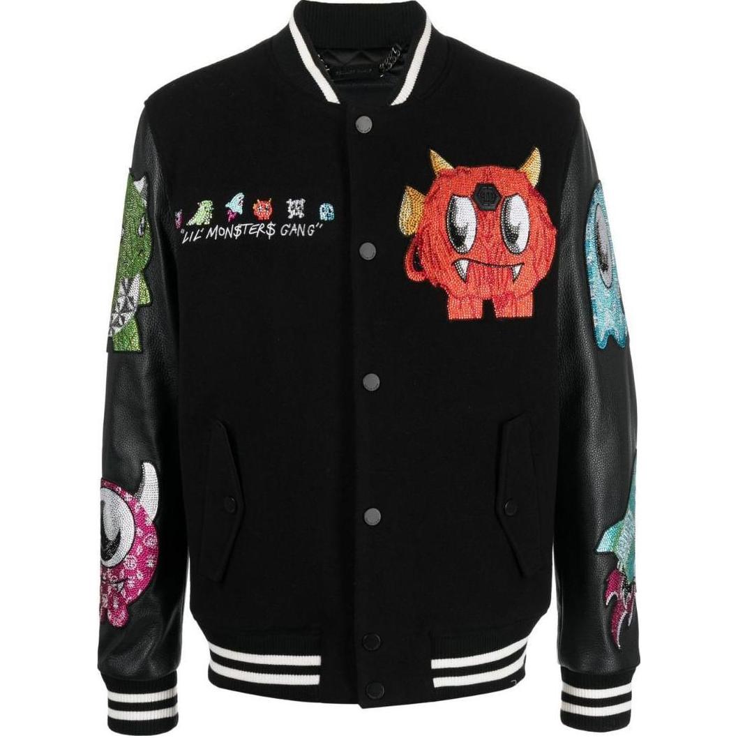 PHILIPP PLEIN FW22 Monster Applique Baseball Jacket Men’s Black AABCMRB1962PTE120N-02