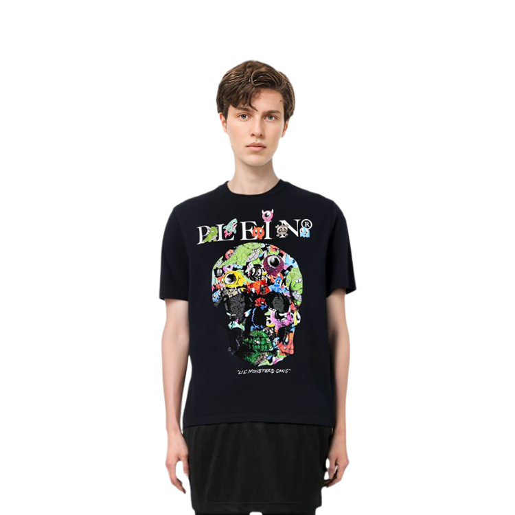 Shop PHILIPP PLEIN FW22 男款黑色骷髏圖案休閒短袖T恤 MTK5671PJY002N02
