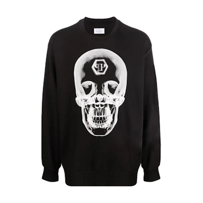PHILIPP PLEIN FW22 Skull Print Pullover Crewneck Sweatshirt Black FABCMJO0887PJY002N