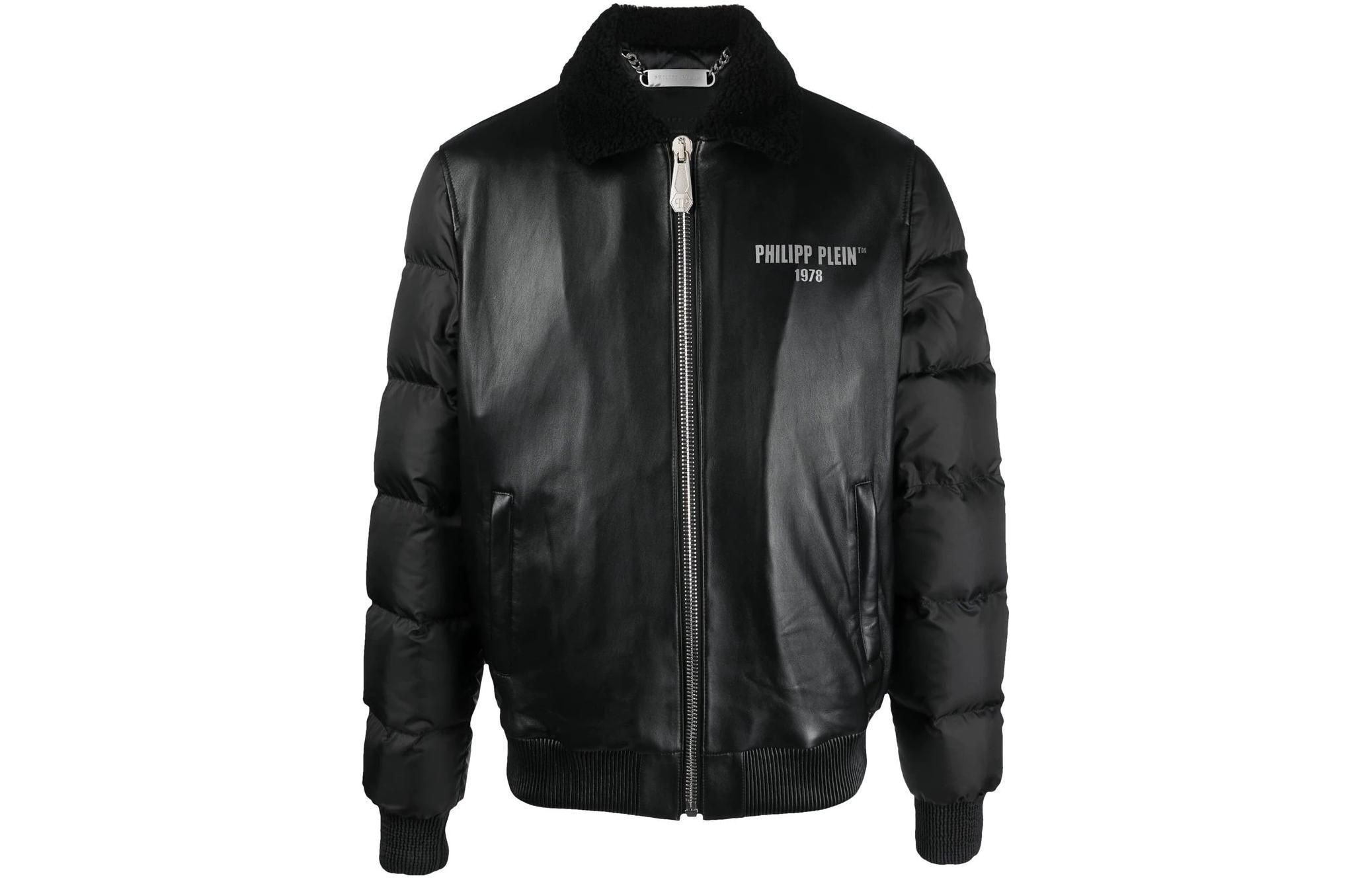PHILIPP PLEIN FW22 Solid Logo Print Padded Leather Jacket Black Mens LABCMLB1024PLE010N
