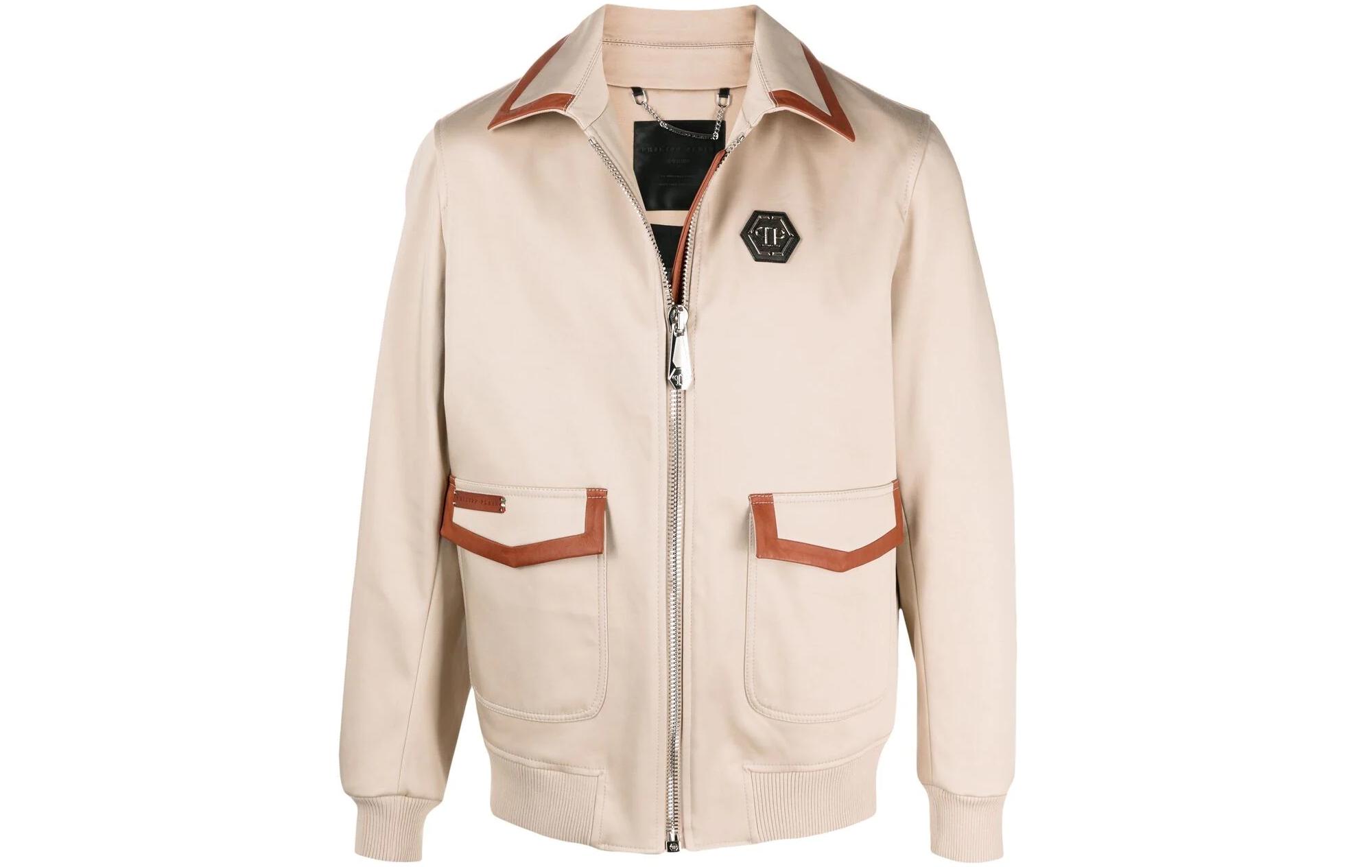 PHILIPP PLEIN FW22 Solid Patchwork Pocket Jacket for Men in Light Brown PAACMRB1691PTE003N