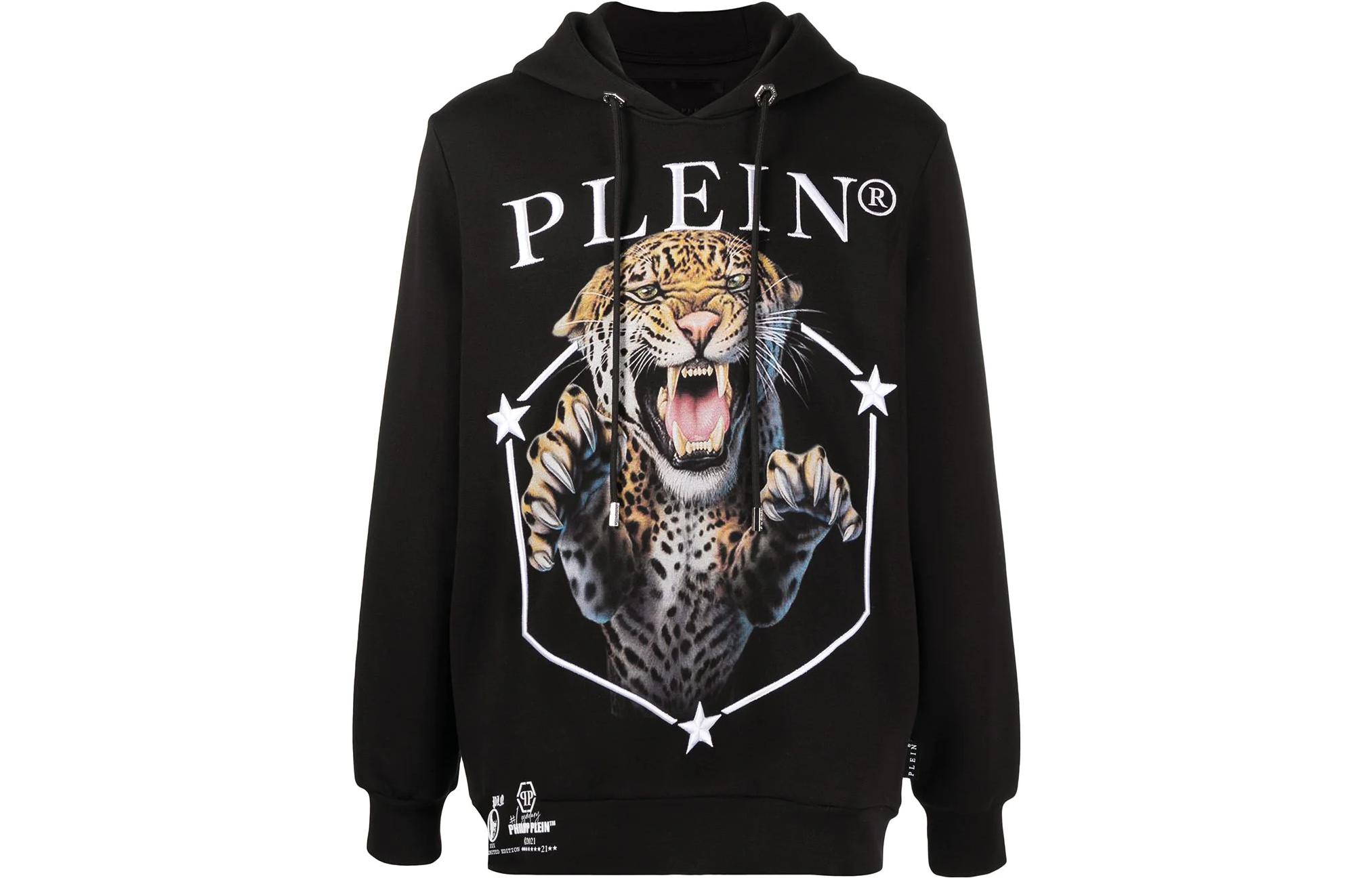 PHILIPP PLEIN FW22 Tiger Print Drawstring Long Sleeve Hoodie Black PAACMJB2409PJO002N02