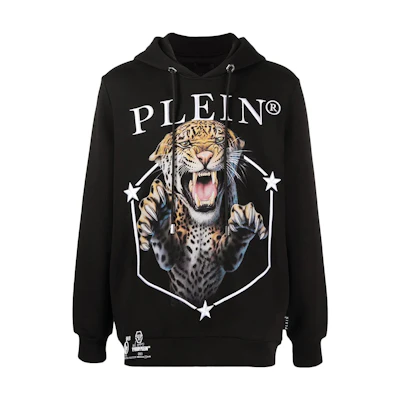 PHILIPP PLEIN FW22 Tiger Print Drawstring Long Sleeve Hoodie Black PAACMJB2409PJO002N02